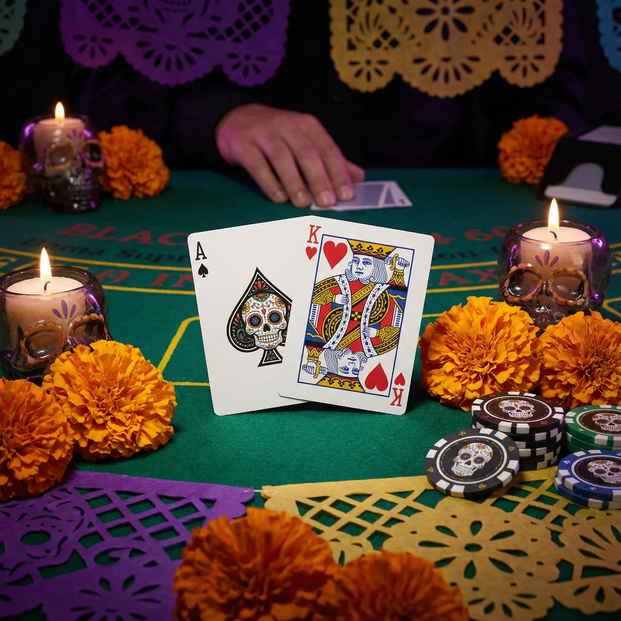Mesa de blackjack con decoración mexicana del Día de los Muertos
